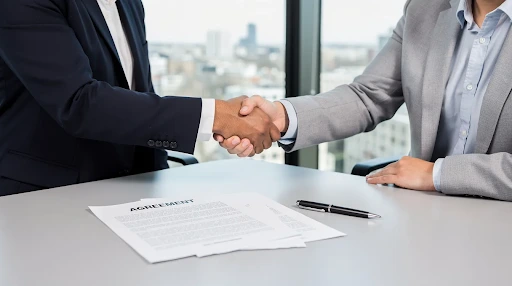 Two people discussing deceased estate paperwork across a table