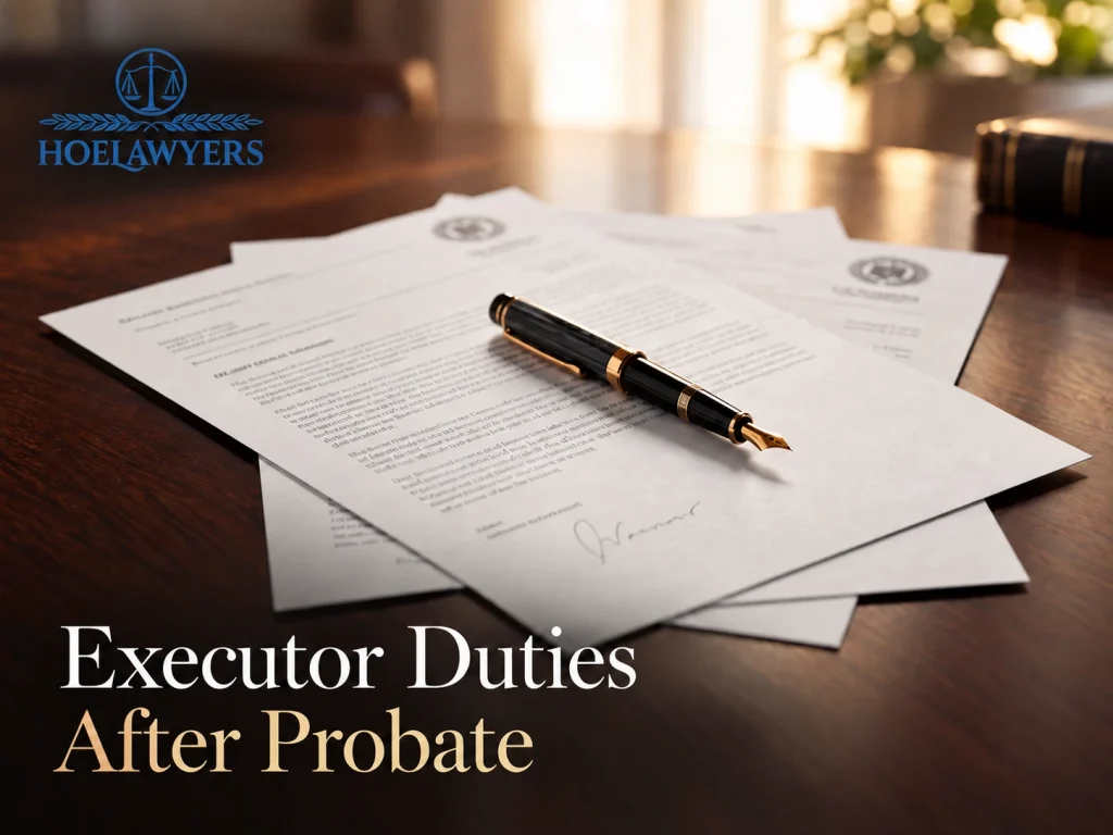 Estate documents and pen with the title “Executor Duties After Probate” and Hoe Lawyers logo